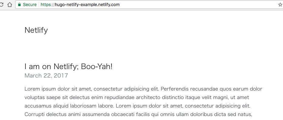 Screenshot of homepage to https://hugo-netlify-example.netlify.com, which is mostly dummy text